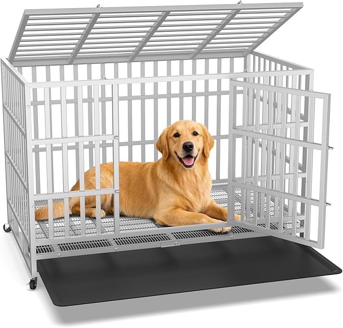 Hiwokk 48 Inch Heavy Duty Dog Crate, Indestructible Escape-Proof Dog Kennel for High Anxiety Large Dogs, Strong Metal Pet Cage with Double Doors, Lockable Wheels & Removable Tray, XL XXL XXXL