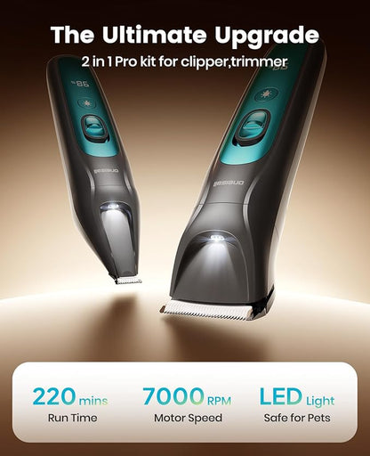 oneisall LED Light Dog Trimmer Clippers, Cordless Dog Grooming Kit 2 in 1, 2000mAh Pet Grooming Clippers Paw Trimmer for Paw, Face, Ears, Legs, Body