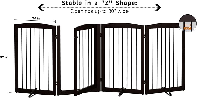 PUPETPO Freestanding Dog Gates with Door Walk Through, 80 inch Wide Gates Indoor, Dog Fences Indoor, Support Feet Included, 4 Panels, 32" Tall, Dark Brown