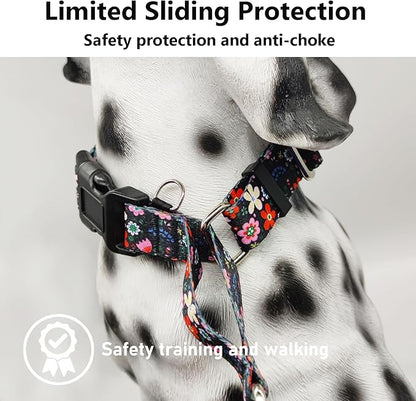 Martingale Dog Collar with Buckle Adjustable Nylon Limited Slip Training Floral Dog Collars (Black Pink Red, Large)