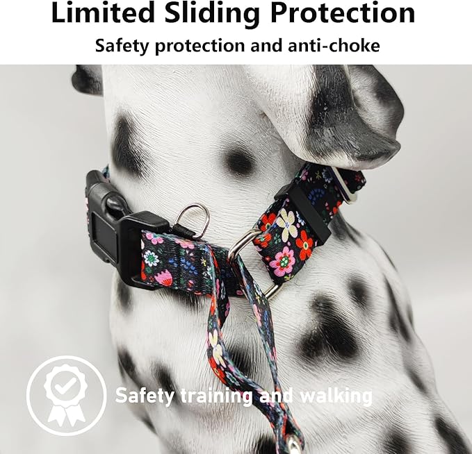 Martingale Dog Collar with Buckle Adjustable Nylon Limited Slip No Pull Training Floral Dog Collars (Black Pink Red, Medium)