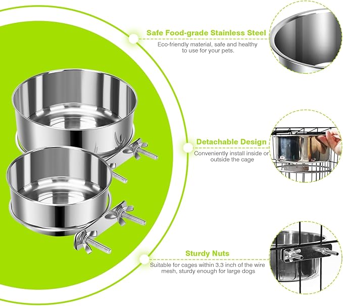 2 Pcs Small Pet Dog Food Water Bowl for Cage Stainless Steel Non-Spill Kennel Hanging Cats Pets Bowls with Clamp Holder Crate Feeder Dish for Small Dogs Pets (4.7x1.9'' & 3.9x1.7'')