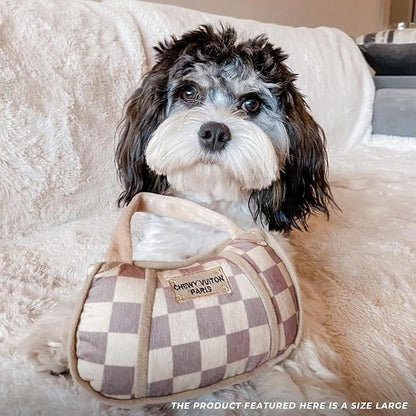 Haute Diggity Dog Chewy Vuiton Handbag Plush Squeaky Dog Toy, Soft Durable Designer-Inspired Stuffed Puppy Chew Toys for Small & Medium Dogs, Machine-Washable (Tan Checker) Large