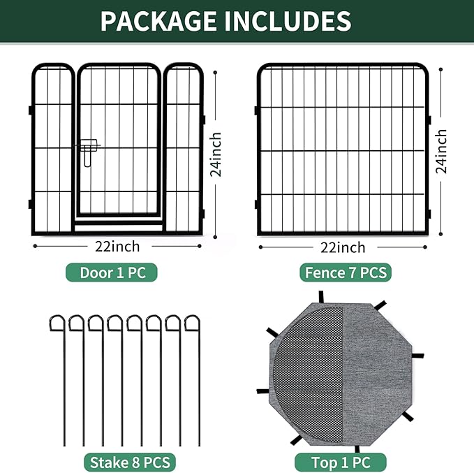 PETIME Dog Playpen,Metal Exercise Puppy Pen Heavy Duty Kennels Yard Fence Indoor/Outdoor 22" W x 24" H 8 Panels Dog Cage with Octagon Top Cover