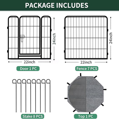 PETIME Dog Playpen,Metal Exercise Puppy Pen Heavy Duty Kennels Yard Fence Indoor/Outdoor 22" W x 24" H 8 Panels Dog Cage with Octagon Top Cover