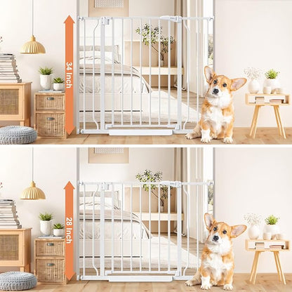 34" Extra Tall Baby Gate for Stairs, Auto Close Stroller Friendly Dog Gate Indoor for Doorways, Pressure Mounted 29"-40" Wide Baby Gate, Easy Walk Through Gate for Children & Pets, White