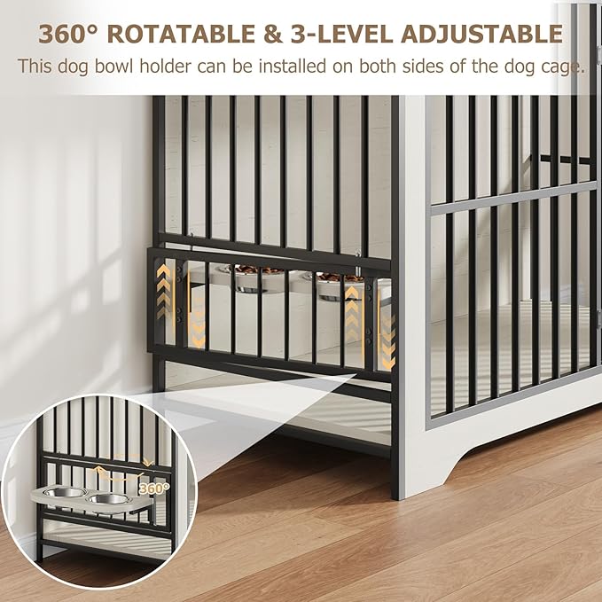 QUW 42" Modern Dog Crate Furniture, Wooden Dog Kennel for Medium to Large with 360° Rotating & 3-Levels Adjustable Height Dogs Bowl Holder, Decorative Dogs cage Pet House Indoor, Antique White