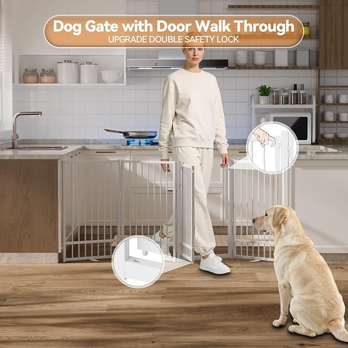 SNUOWU Full Metal Freestanding Dog Gate with Door, 36''Height Foldable Pet Dog Fence for Indoor & Outdoor, 4 Panels Extra Wide Free Standing TallDog Gates for Doorways,House,Stairs,Porch,Deck,Yard