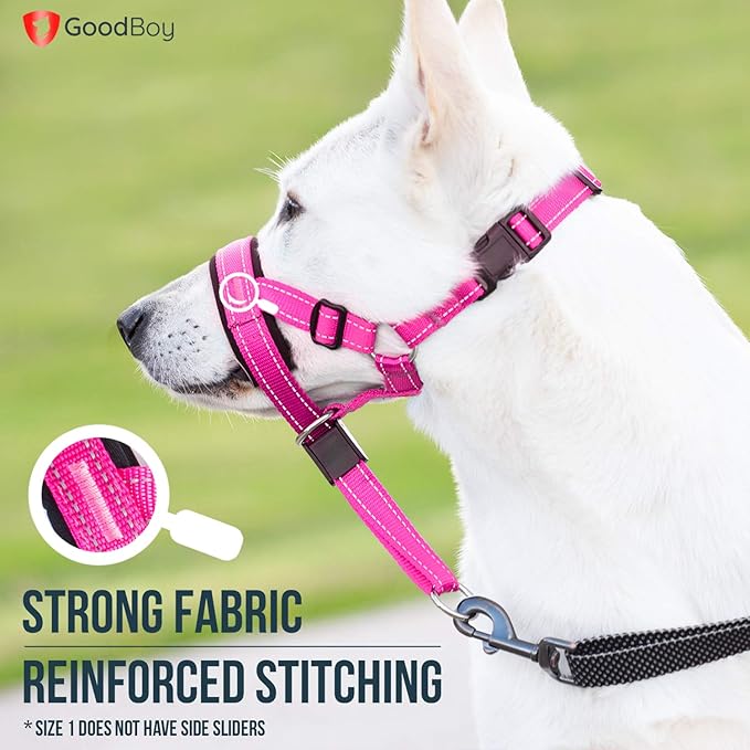 GoodBoy Dog Head Halter with Safety Strap - Stops Heavy Pulling On The Leash - Padded Headcollar for Small Medium and Large Dog Sizes - Head Collar Training Guide Included (Size 1, Pink Nylon)