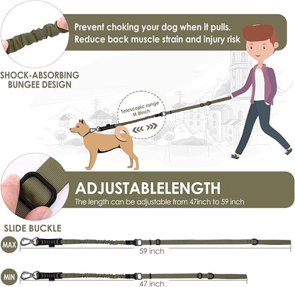 Hotsky Tactical Dog Leash Heavy Duty for Medium Large Dogs that Pull,4-6Ft Strong Bungee Shock Absorbing No Pull Dog Leash with Padded Double Handle and Car Seatbelt,Army Green