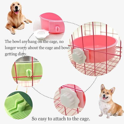 kathson Crate Dog Bowl, Removable Stainless Steel Hanging Pet Cage Bowl Food & Water Feeder Coop Cup for Cat, Puppy, Birds, Rats, Guinea Pigs (2 PCS, Size: M, Green and Pink)