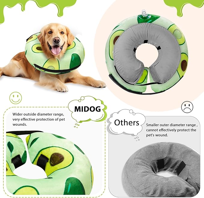 MIDOG Inflatable Dog Cone Alternative for After Surgery - Soft Protective Donut Collar Prevents Licking, Comfortable Recovery E-Collar Alternative for Small Medium Large Dogs (Avocado,L)