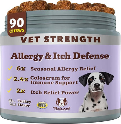 Natural Dog Company Allergy & Itchy Defense Chews 90 ct, Vet Strength High-Concentration Dog Allergy Relief with 2.4X Colostrum,2X Salmon Oil & 1.5X Probiotics, Supports Immune,Coat & Gut Health