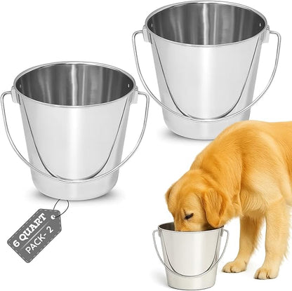 6 quart Heavy Duty Stainless Steel Round Bucket with Handle 2 Pcs | 1.5 gal Sturdy Food & Water Bowl for XL Dog Goat sheep & Livestock | Fits kennel Crate Cage Farm | Hanging Utility Pail