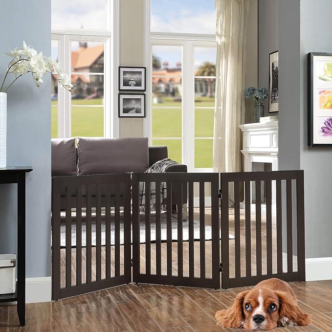 Unipaws 24" H Free Standing Pet Gate for Cat, Wooden Gates for Doorway, Stairs, Foldable Pet Fence for House, Expandable Barrier, Indoor Use, Espresso