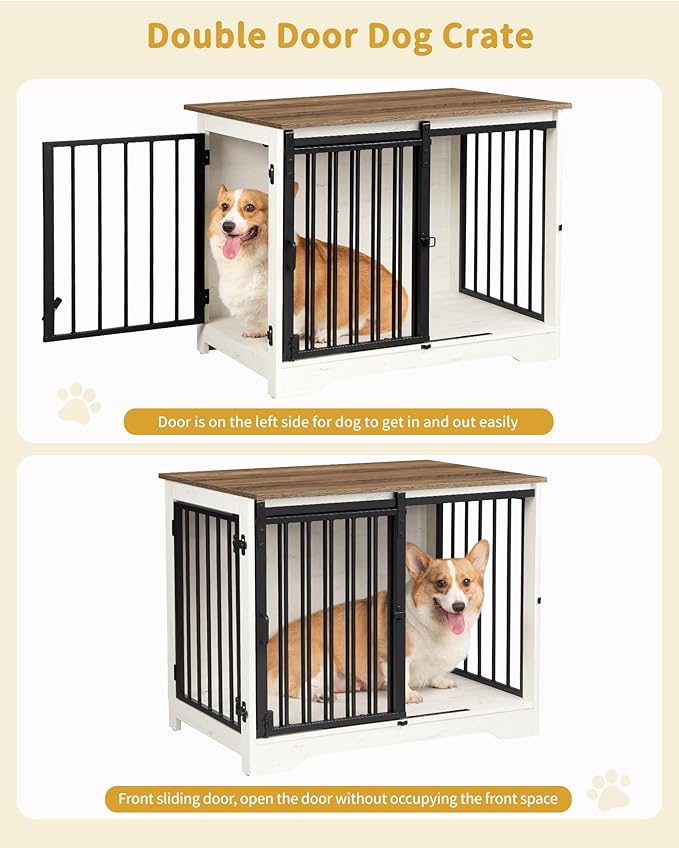 Hzuaneri 31.9" Dog Crate Furniture with Barn Door, Heavy Duty Dog Kennel Indoor with 2 Doors, Wooden Pet Cage End Table for Small Medium Dogs up to 44 lb, Anti-Chew Anti-Escape, White Brown DFC83614B