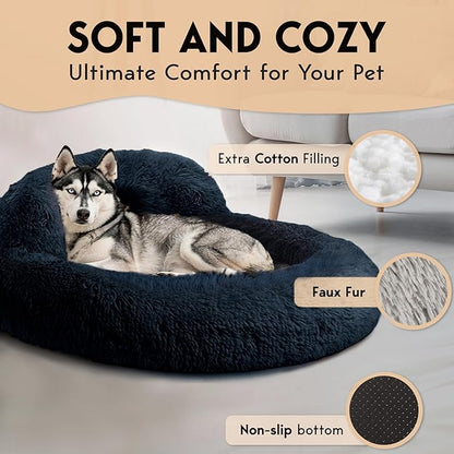 PetJett Dog Beds Large Sized Dog - 36'' Calming Round Bed, Anti-Slip & Washable Super Soft Donut Bed, Fluffy Faux Fur Anti-Anxiety Premium Comfort Pet Bed, Fits Dogs up to 80 lbs - Dark Grey