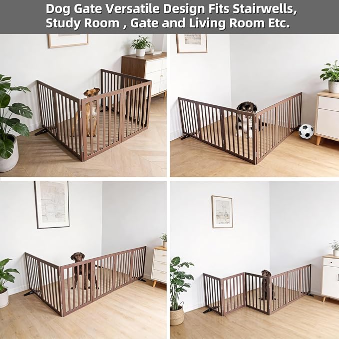 Dog Gate Indoor, Freestanding Dog Fence for The House, Doorways, Hallways,or Stairs,Pet Gate Foldable Wooden,Expandable 24" Height 6 Panels,Brown