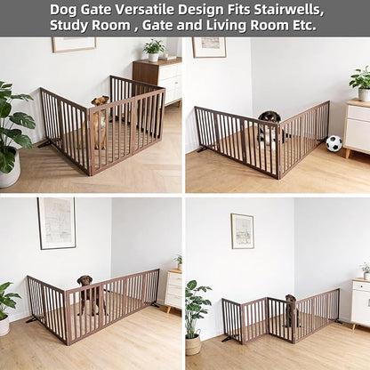 Dog Gate Indoor, Freestanding Dog Fence for The House, Doorways, Hallways,or Stairs,Pet Gate Foldable Wooden,Expandable 24" Height 6 Panels,Brown