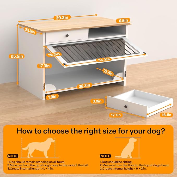 40" Dog Crate Furniture with 2 Large Storage Drawers, Wooden Dog Kennel End Table for Medium & Small Dogs, Decorative Indoor Pet Crate Sideboard with Heavy Duty Metal Bars & Secure Lock, White