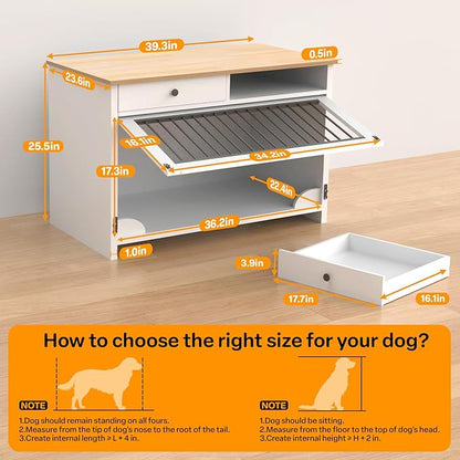40" Dog Crate Furniture with 2 Large Storage Drawers, Wooden Dog Kennel End Table for Medium & Small Dogs, Decorative Indoor Pet Crate Sideboard with Heavy Duty Metal Bars & Secure Lock, White