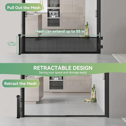 14" Tall Short Dog Gate to Step Over, Retractable Mesh Pet Door for Small Puppy, Extended up to 55" Wide for Indoor Stairs Doorways and Hallway - Black
