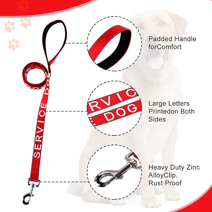 YeeBeny Service Dog Leash, Emotional Support Leash with Neoprene Handle and Reflective Lettering, Service Dog Stuff for Vest for Harnesses, Vests or Collars,Red