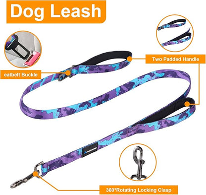 Annchwool Adjustable Dog Collar and 5FT Leash Set with Heavy Duty Metal Buckle–Comfortable Lining Collar &Dual-Handles for Medium Large Dogs Walking,Running,Car Travel (Camo Purple Set,XL:22''-30'')