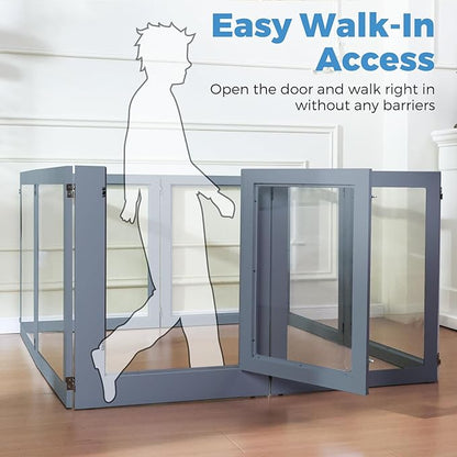 Heavy Duty Clear Acrylic Dog Playpen, 32" Height Transparent Pet Pen, Metal Frame Easy Assemble Kennel Enclosure, Ideal for Small to Medium Dogs, Cats, and Other Small Pets (Grey, 6 Panels with Door)