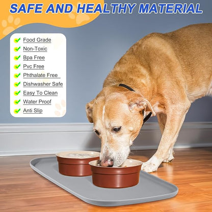 SMILOOL Silicone Pet Feeding Mat with Raised Edge for Food and Water, Dog Bowl Mats, Cat Bowls Placemat with High Lip for Floor Waterproof, Rubber Tray for Cats and Dogs 22 x 14 x0.8 Light Gray