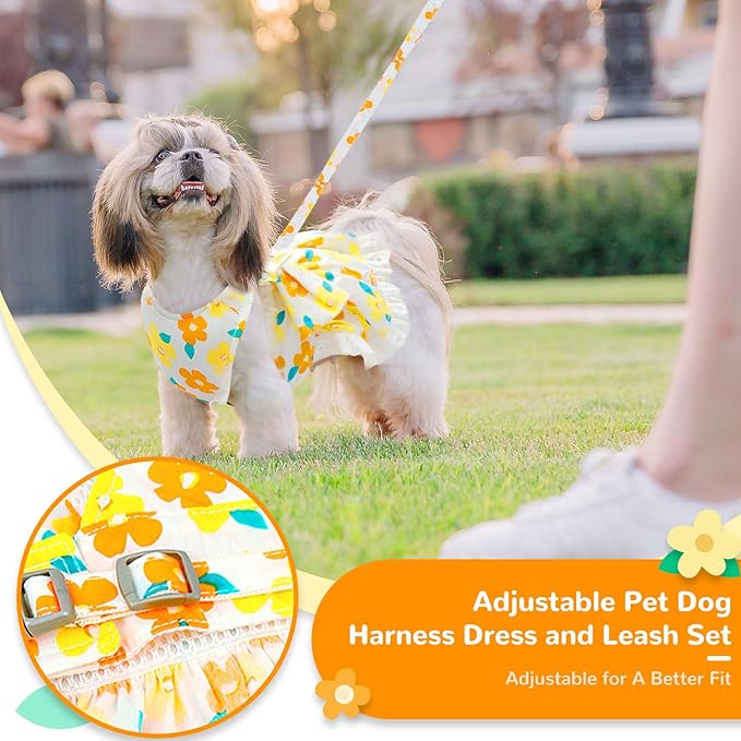 ABRRLO Dog Harness Dress Leash Set for Small Dog Summer Clothes Girl Female Puppy Cats Outfits Cute Floral Bowknot Princess Birthday Dress for Extra Small Pet Doggie Kitten Outfits Apparel(Yellow,M)