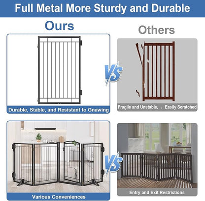 Full Metal Freestanding Dog Gate with Cat Door for Indoor & Outdoor,32" Tall Foldable Dog Fence,80" Extra Wide Freestanding Pet Gate for Large Openings,Stairs,Deck,Yard,Doorways(4 Panels,Black)