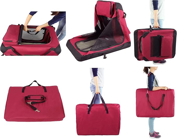 EliteField 3-Door Folding Soft Dog Crate with Carrying Bag and Fleece Bed (2 Year Warranty), Indoor & Outdoor Pet Home (30" L x 21" W x 24" H, Maroon)