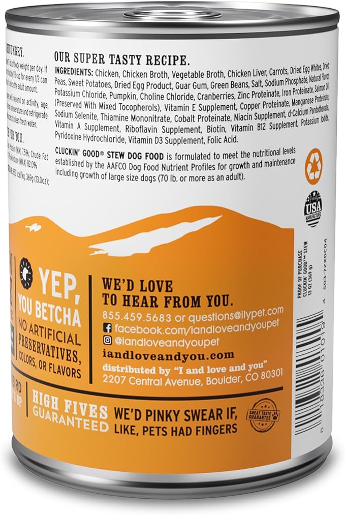 I and Love and You, Wet Dog Food - Cluckin Good Stew - Chicken Recipe, Grain Free, Filler Free 13oz can, 12pk