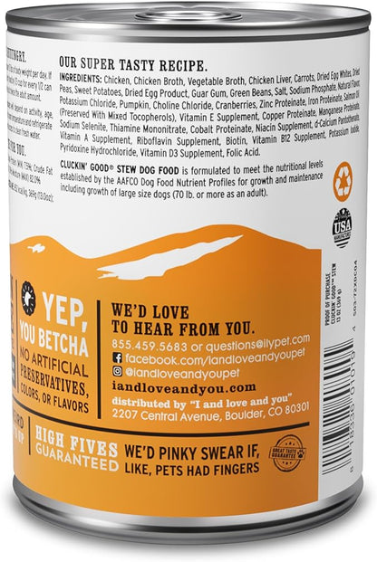 I and Love and You, Wet Dog Food - Cluckin Good Stew - Chicken Recipe, Grain Free, Filler Free 13oz can, 12pk