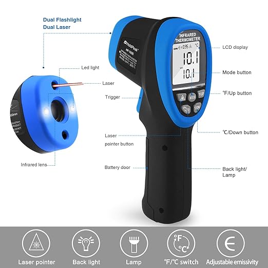 HOLDPEAK Pyrometer D:S=50:1, High Temp Infrared Thermometer -58℉~3272℉(-50℃~1800℃), Non-Contact Industrial Laser Thermometer Gun with Flashlight, Digital IR Temperature Gauge HP-1800 (NOT for Human)