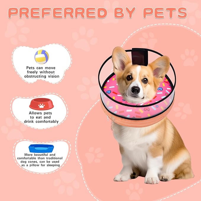 MRSOHRET Dog Cone, Dog Surgery Collar, Inflatable Cones for Small Medium Large Dogs, Pink Doughnut Dog Recovery Collar, Does not Impede Vision