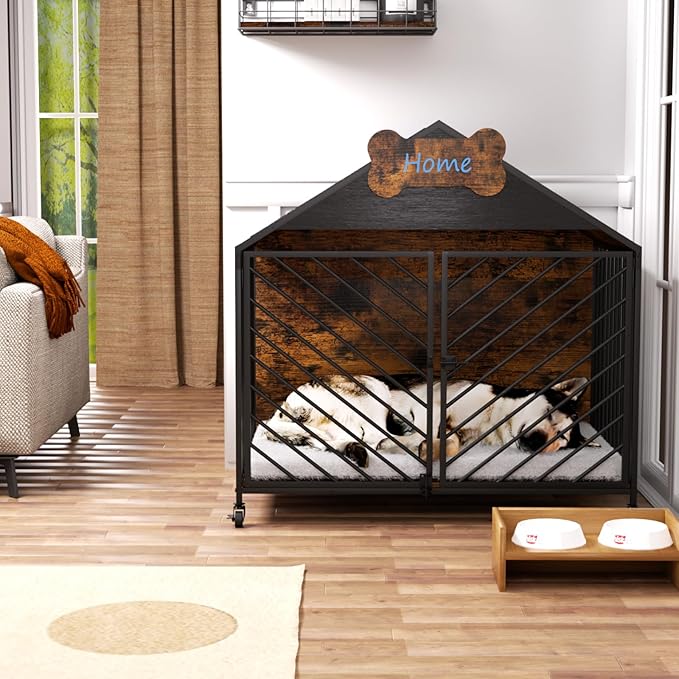 Heavy Duty Dog Crate Furniture for Large Breeds, 39.4" XXL Indoor Wooden Dog Kennel with Gable Roof, Escape Proof Double Door & Chew Proof Metal Cage for German Shepherd/Labrador, Rustic Brown