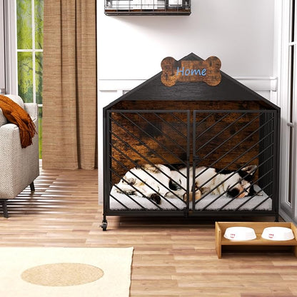 Heavy Duty Dog Crate Furniture for Large Breeds, 39.4" XXL Indoor Wooden Dog Kennel with Gable Roof, Escape Proof Double Door & Chew Proof Metal Cage for German Shepherd/Labrador, Rustic Brown