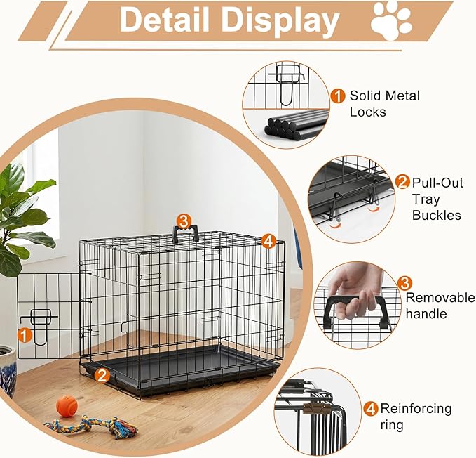 FDW 24inch Dog Crate Pet Cage with Metal Folding Design Plastic Tray Indoor Outdoor Dog Kennel Cage for Small Dogs,Black