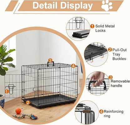 FDW 24inch Dog Crate Pet Cage with Metal Folding Design Plastic Tray Indoor Outdoor Dog Kennel Cage for Small Dogs,Black