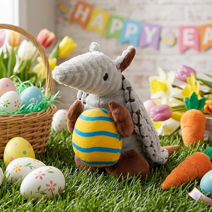 Hollypet Plush Dog Squeaky Toy Stuffed Armadillo Animal Pet Puppy Chew Toys with Clean Teeth for Small Medium Large All Breed Sizes Dogs, Gray, 8 in, Yellow Egg with Blue Stripes