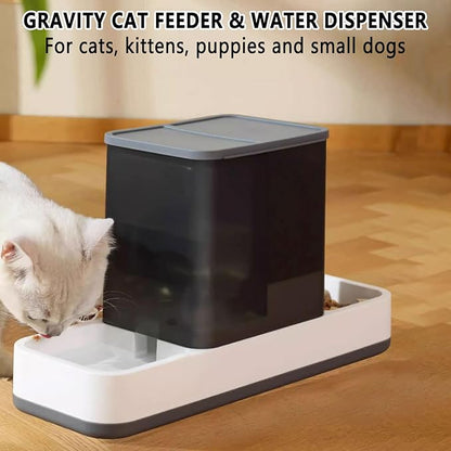 kathson Gravity Cat Food and Water Dispenser Automatic Dog Feeder Waterer 2 in 1 Auto Pet Food and Water Bowl Set Self Feeding for Puppy Kitten，Grey