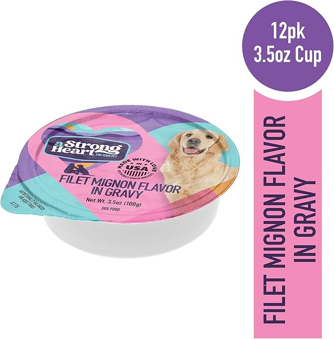 A Strong Heart Wet Dog Food Cups, Filet Mignon Flavor in Gravy - 3.5 oz Cups (Pack of 12), Made in The USA with Real Filet Mignon