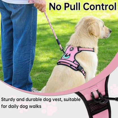 NESTROAD No Pull Dog Harness,Adjustable Oxford Dog Vest Harness with Leash,Reflective No-Choke Pet Harness with Easy Control Soft Handle for Large Dogs(Large,Pink)