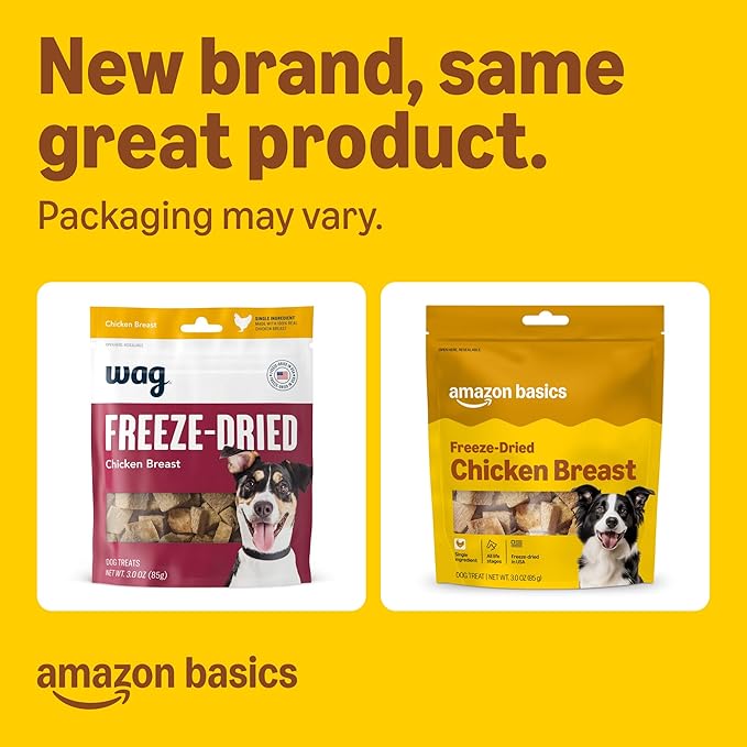 Amazon Basics Dog Treats Freeze Dried Raw Single Ingredient Chicken Breast, High Protein, Healthy Training Treats or Meal Topper for All Dogs, Grain-Free, 3 Oz (Previously Wag) (Pack of 2)
