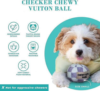 Haute Diggity Dog Chewy Vuiton Ball Plush Squeaky Dog Toy, Soft Durable Designer-Inspired Stuffed Puppy Chew Toys for Small & Medium Dogs, Machine-Washable (Tan Checker) Small
