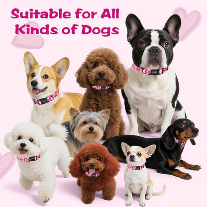 Kazazoo Dog Collar Cute and Soft Nylon Puppy Collar Girl, Adjustable Dog Collars for Small Medium Dogs, Hot Pink Heart-XS