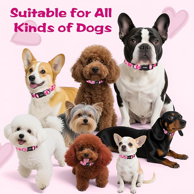 Kazazoo Dog Collar Cute and Soft Nylon Puppy Collar Girl, Adjustable Dog Collars for Small Medium Dogs, Hot Pink Heart-S