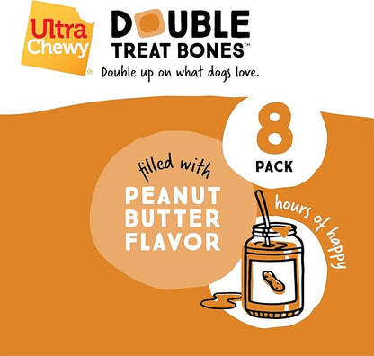 Ultra Chewy Peanut Butter Double Treat Bones: Long-Lasting Dog Treats Made in USA for Large and Small Breeds, Highly Digestible, Ideal for Aggressive Chewers (2 Value Packs)